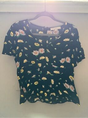 LOFT Black Floral Scoop-Neck Short-Sleeve Blouse